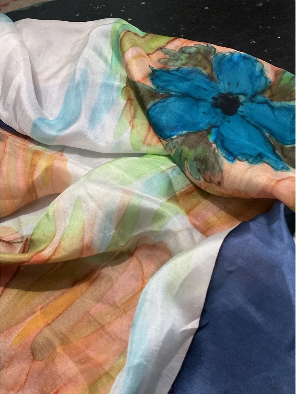 Vintage Blue Floral Silk Scarf with Navy Border Fall